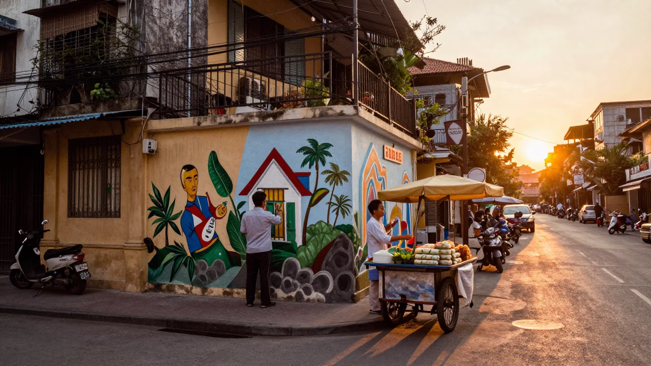 Golden Hour Street Scene in Hanoi Vietnam with Artist Painting Mural and Local Life in in Hanoi, Vietnam