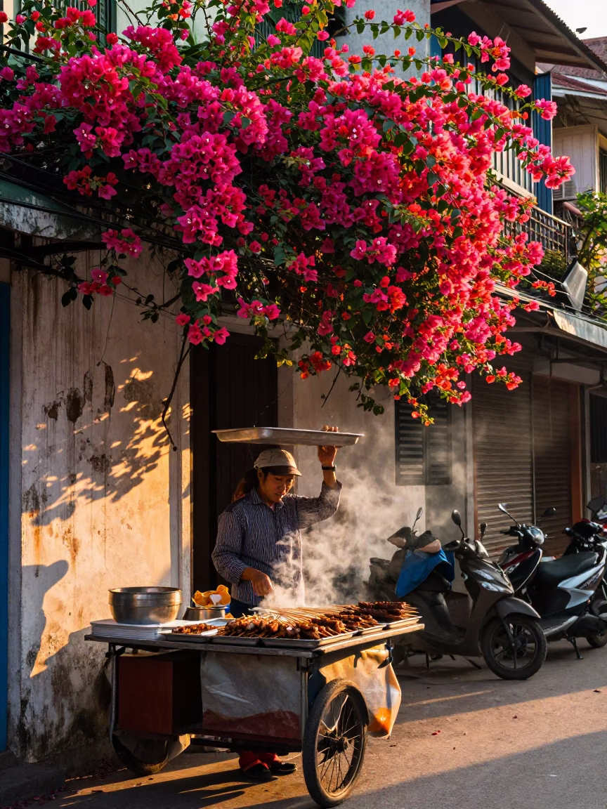 Golden Hour Street Scene in Hanoi Vietnam with Bougainvillea and Food Vendor in in Hanoi, Vietnam