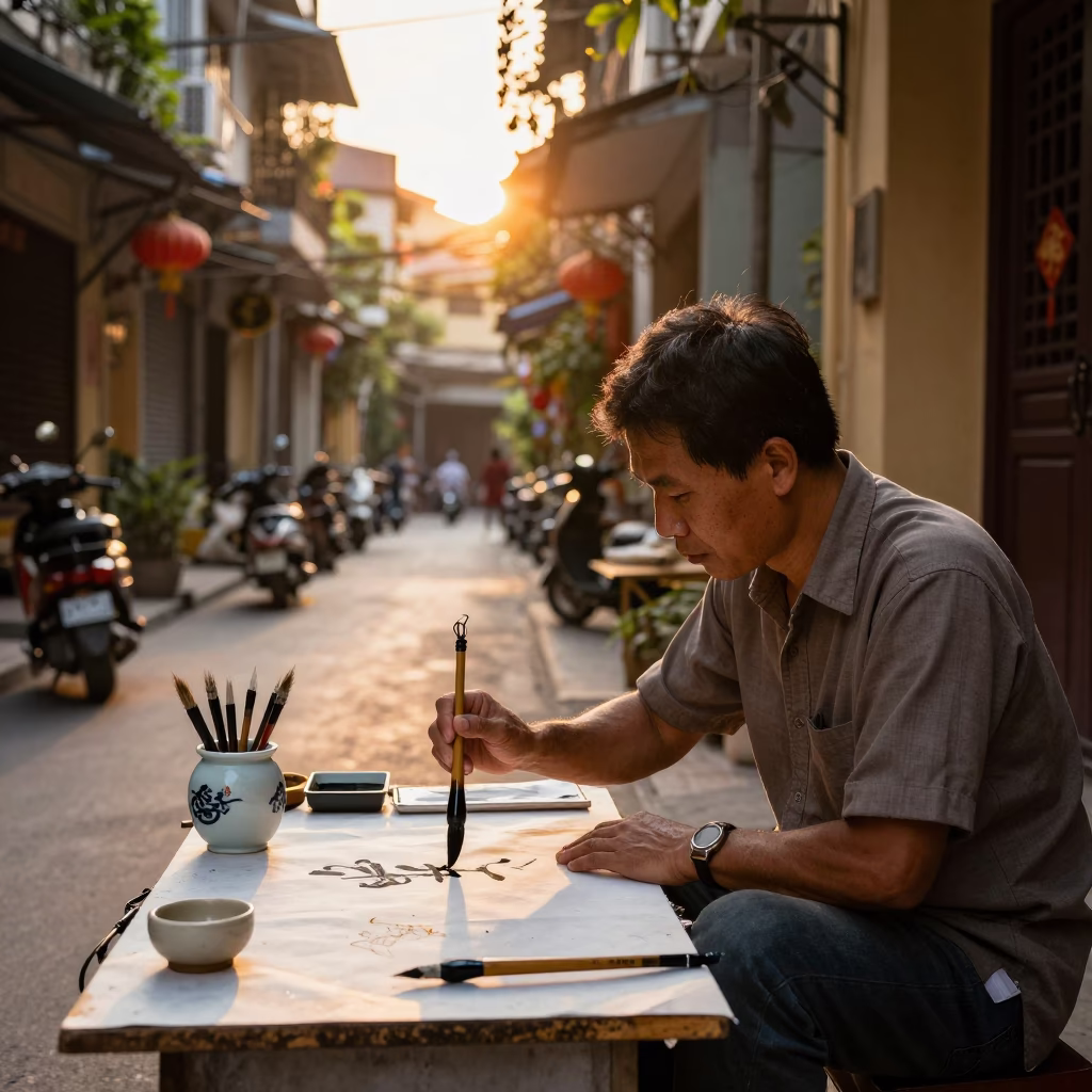 Golden Hour Street Scene in Hanoi Vietnam with Calligraphy Brush and Local Craftsmanship in in Hanoi, Vietnam