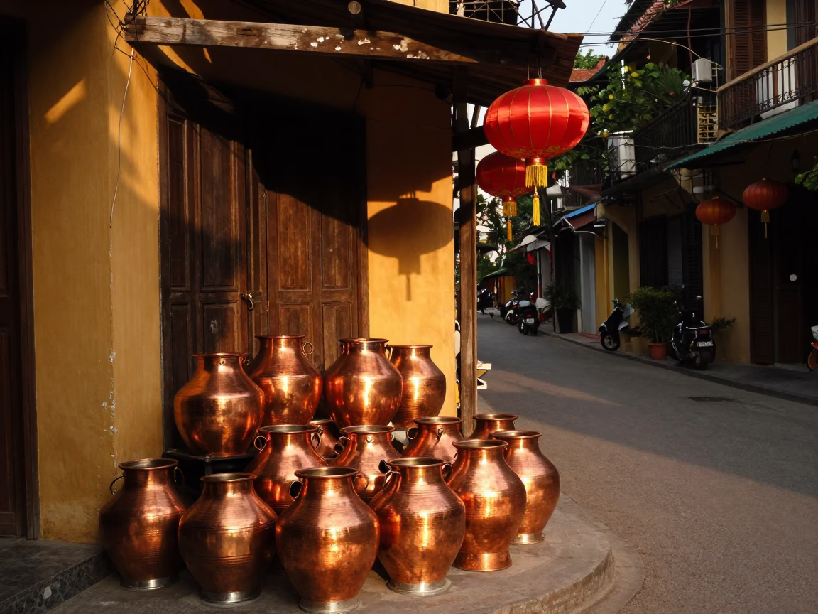 Golden Hour Street Scene in Hanoi Vietnam with Copper Pots and Lanterns in in Hanoi, Vietnam