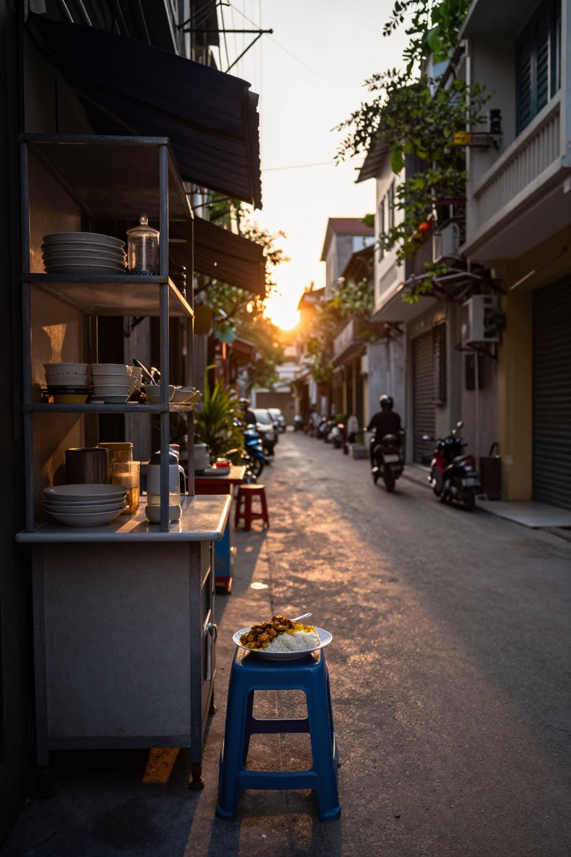 Golden Hour Street Scene in Hanoi Vietnam with Kitchen Shelves and Traditional Food in in Hanoi, Vietnam