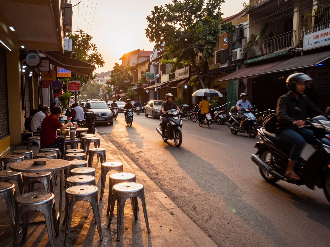Golden Hour Street Scene in Hanoi Vietnam with Metal Stools and Motorbikes at Sunset in in Hanoi, Vietnam