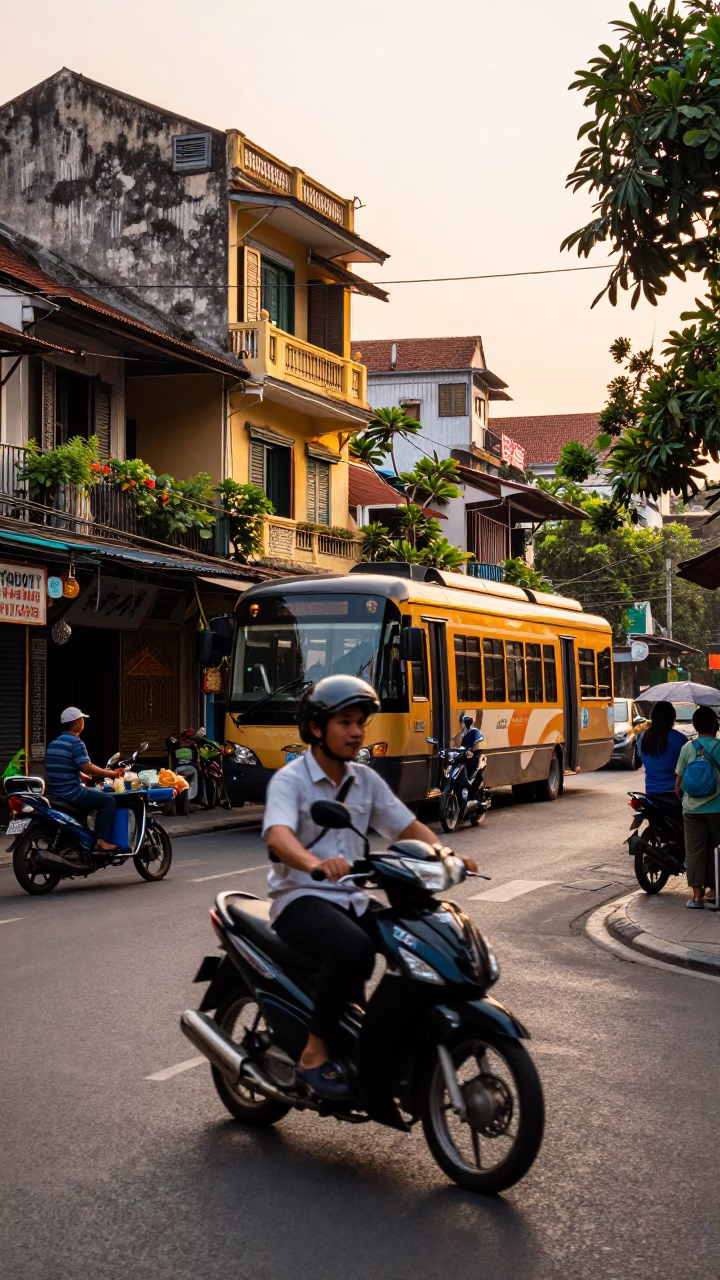 Golden Hour Street Scene in Hanoi Vietnam with Monorail in in Hanoi, Vietnam