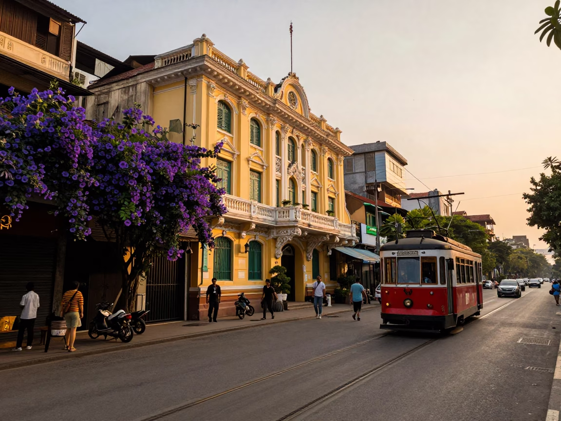 Golden Hour Street Scene in Hanoi Vietnam with Morning Glory and Tram in in Hanoi, Vietnam