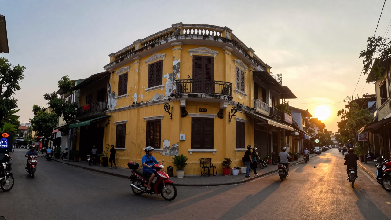 Golden Hour Street Scene in Hanoi Vietnam with Motorbike and Cup in in Hanoi, Vietnam