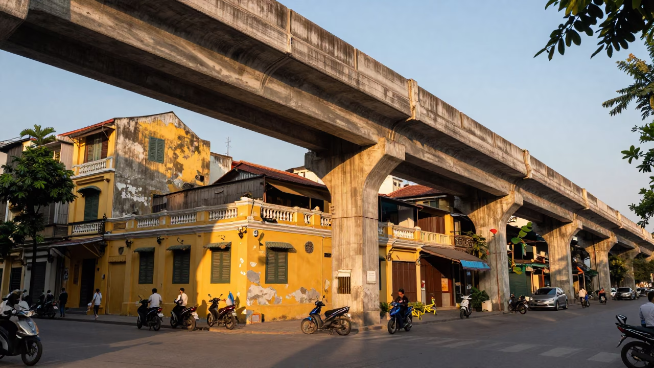Golden Hour Street Scene in Hanoi Vietnam with Motorbikes and Concrete Viaduct in in Hanoi, Vietnam