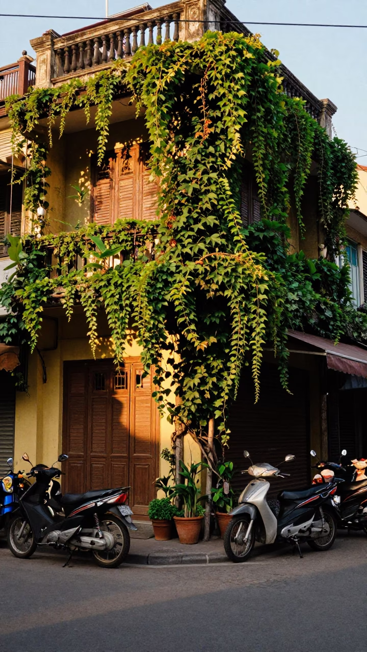 Golden Hour Street Scene in Hanoi Vietnam with Motorbikes and Ivy in in Hanoi, Vietnam