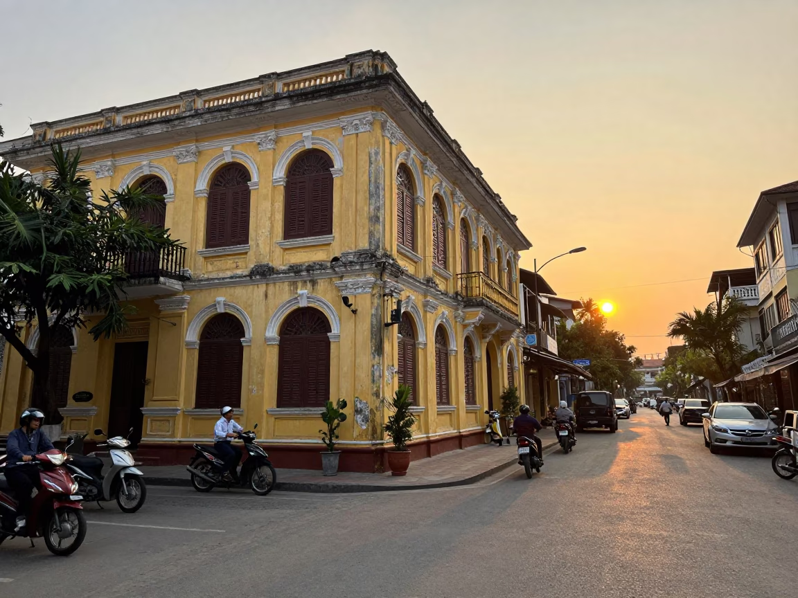Golden Hour Street Scene in Hanoi Vietnam with Motorbikes and Old Architecture in in Hanoi, Vietnam
