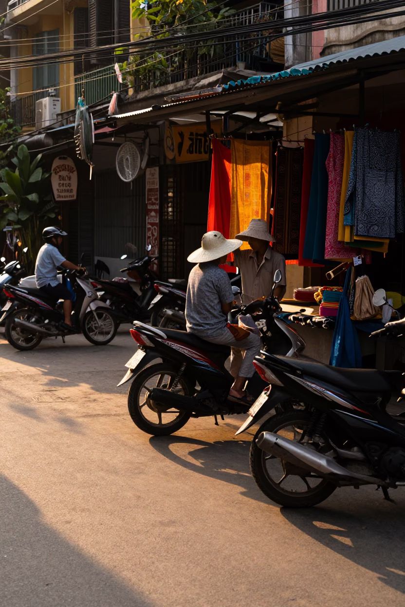 Golden Hour Street Scene in Hanoi Vietnam with Motorbikes and Sun Hats in in Hanoi, Vietnam