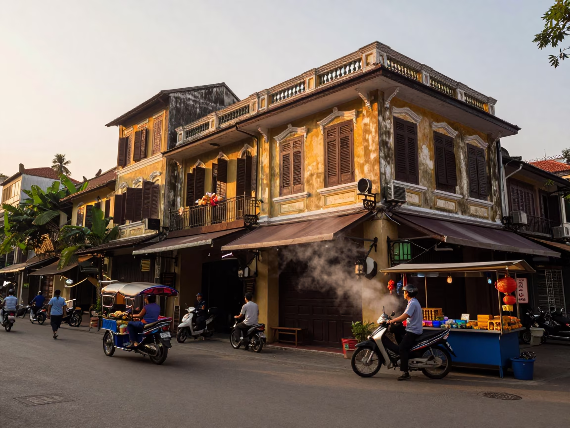 Golden Hour Street Scene in Hanoi Vietnam with Traditional Architecture and Evening Activity in in Hanoi, Vietnam