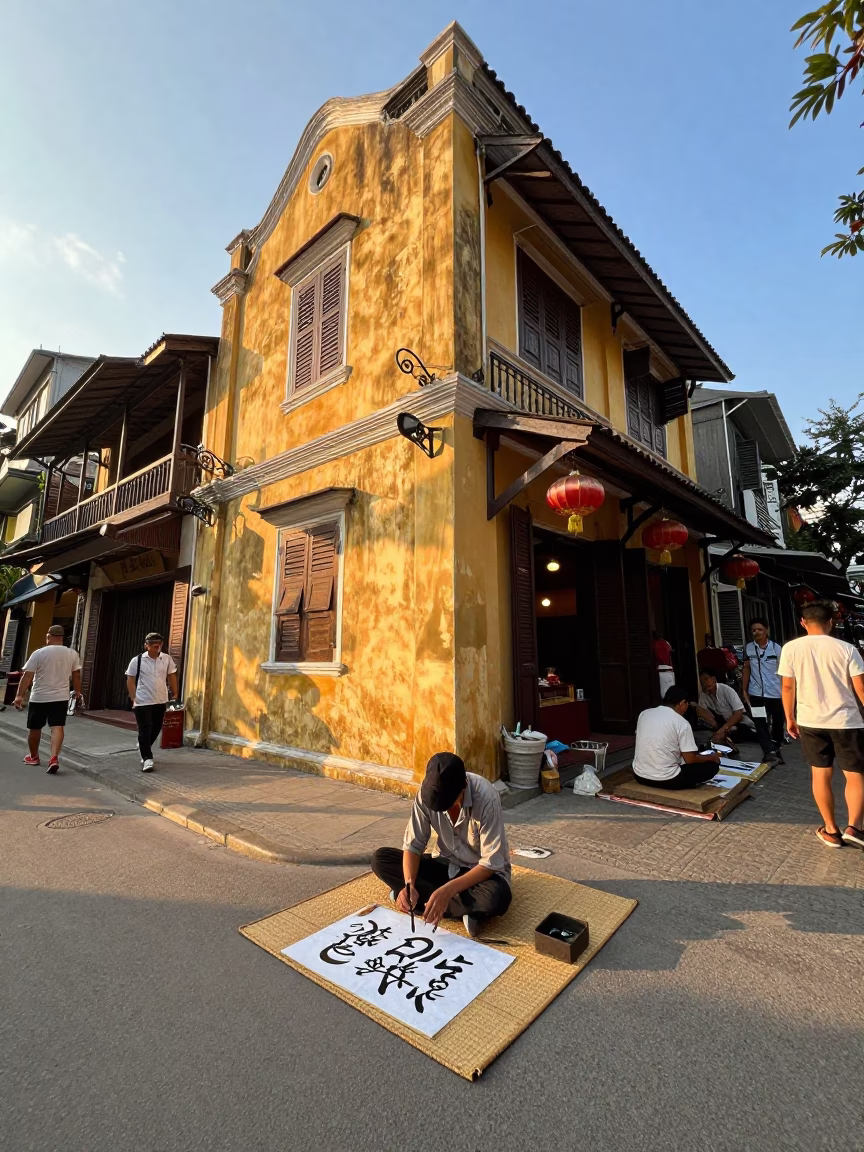 Golden Hour Street Scene in Hanoi Vietnam with Traditional Calligraphy Demonstration in in Hanoi, Vietnam