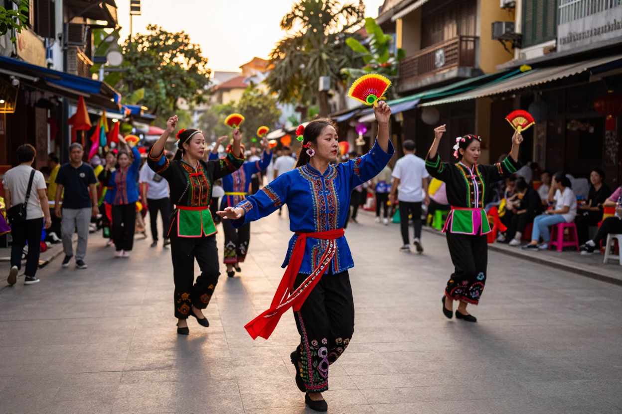 Golden Hour Street Scene in Hanoi Vietnam with Traditional Folk Dance Performance in in Hanoi, Vietnam