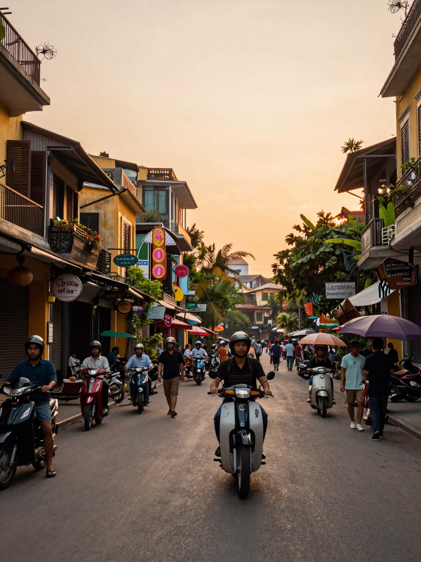 Golden Hour Street Scene in Hanoi Vietnam with Vintage 1950s Atmosphere in in Hanoi, Vietnam