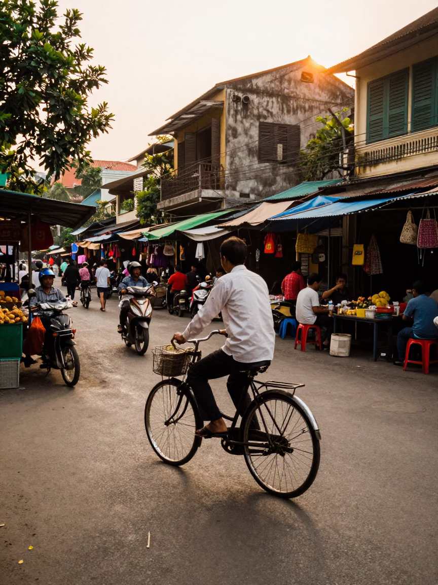 Golden Hour Street Scene in Hanoi Vietnam with Vintage Bicycle and Local Market Activity in in Hanoi, Vietnam