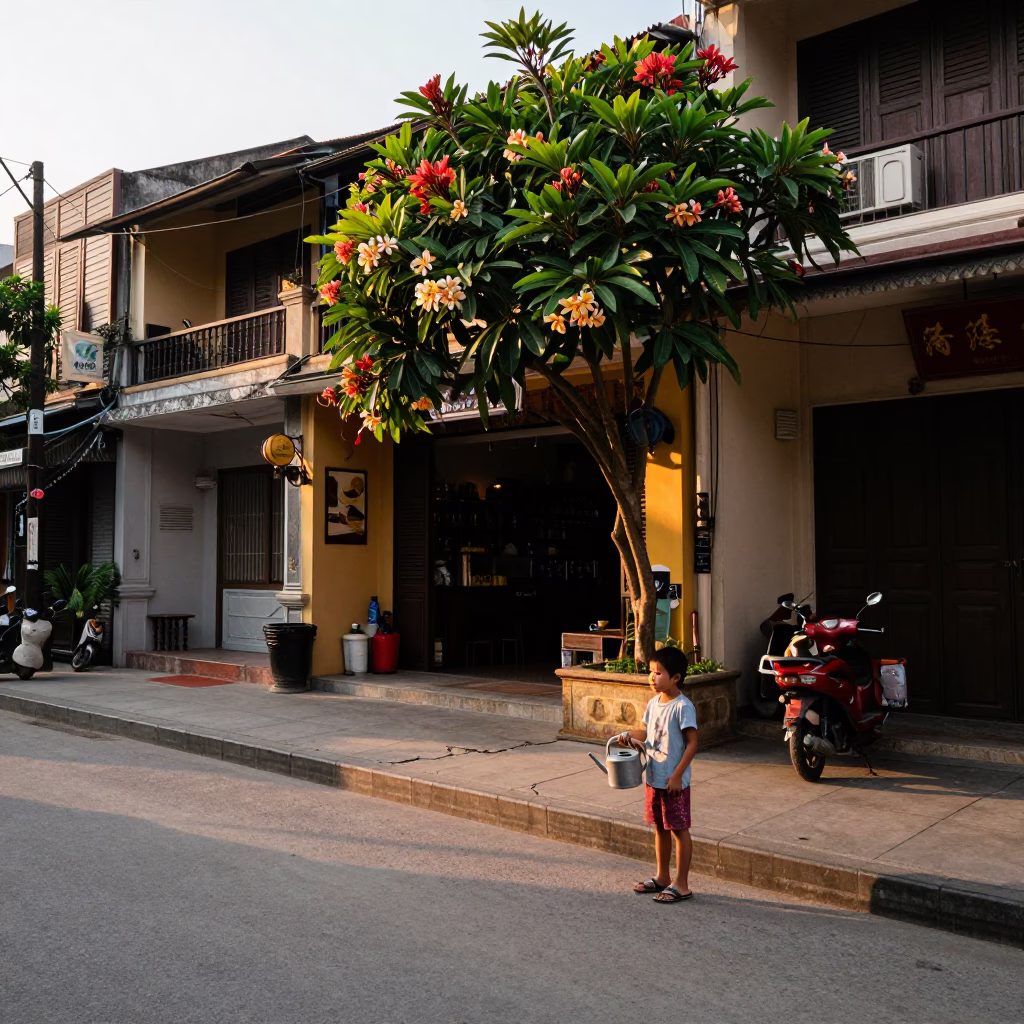 Golden Hour Street Scene in Hanoi Vietnam with Watering Jug and Frangipani Tree in in Hanoi, Vietnam