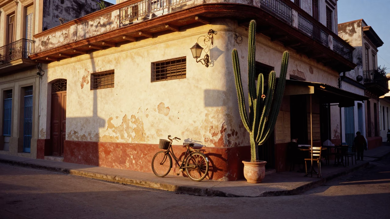 Golden Hour Street Scene in Havana Cuba with Bicycle and Prickly Pear Cactus in in Havana, Cuba