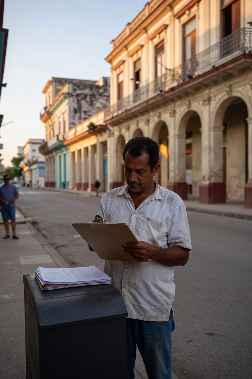 Golden Hour Street Scene in Havana Cuba with Clipboard and File Box in in Havana, Cuba