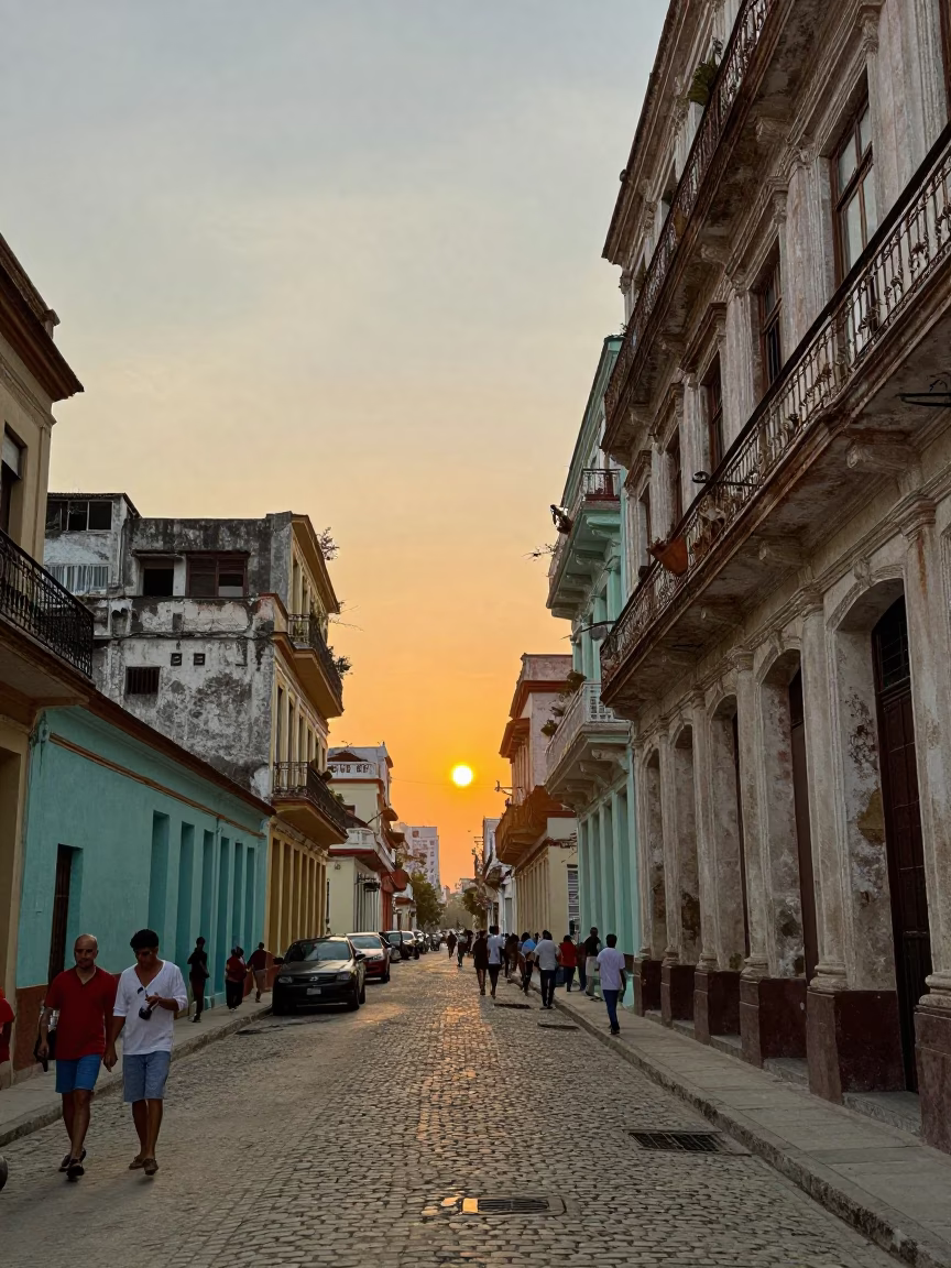 Golden Hour Street Scene in Havana Cuba with Colorful Architecture and Local Life in in Havana, Cuba