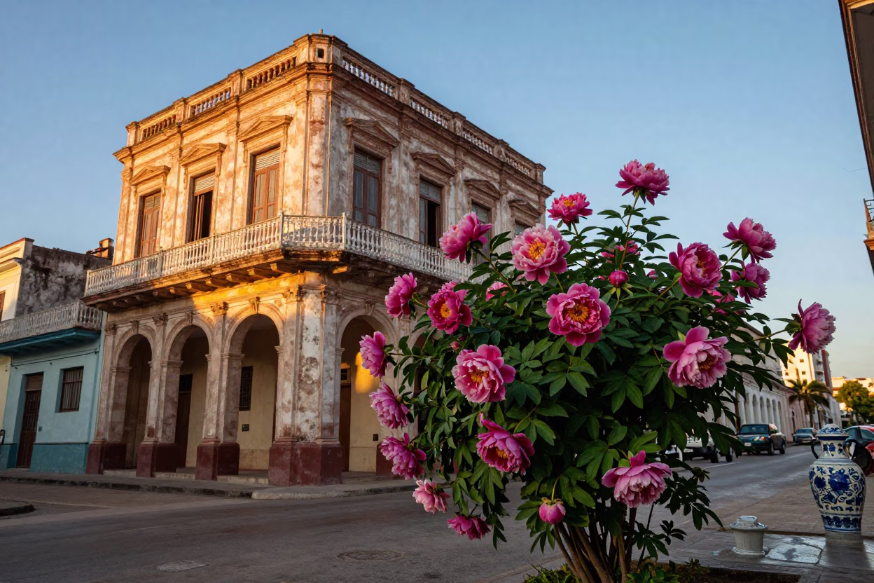 Golden Hour Street Scene in Havana Cuba with Colorful Peony Bush and Ceramic Pitcher in in Havana, Cuba