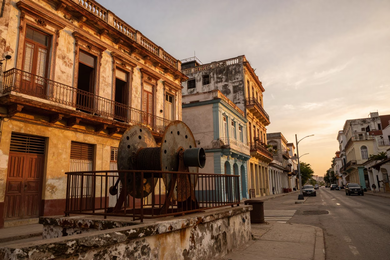 Golden Hour Street Scene in Havana Cuba with Hydrophone Winch and Harbor Light in in Havana, Cuba
