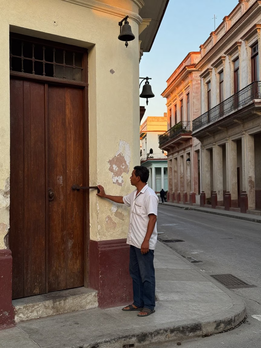 Golden Hour Street Scene in Havana Cuba with Latch and Bell Details in in Havana, Cuba