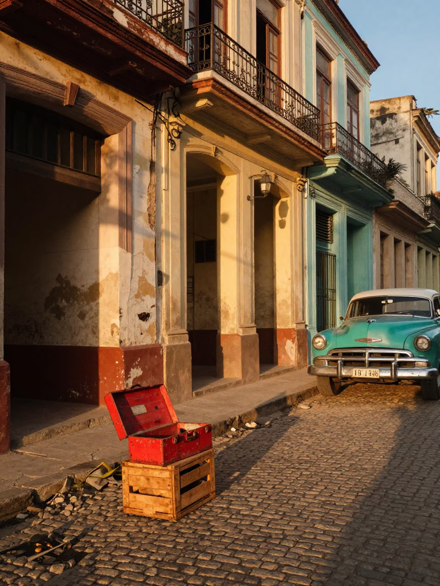 Golden Hour Street Scene in Havana Cuba with Toolboxes and Vintage Cars in in Havana, Cuba