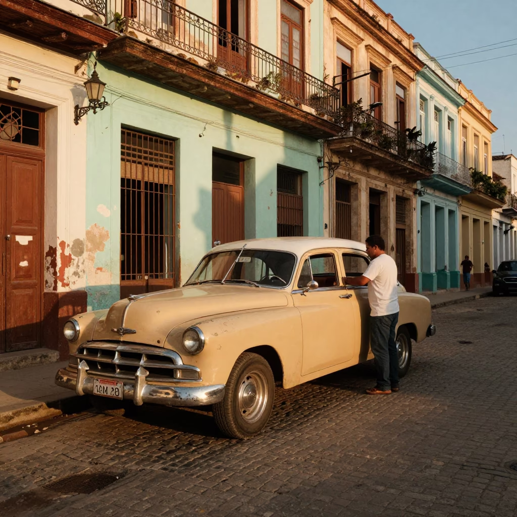 Golden Hour Street Scene in Havana Cuba with Vintage Car and Coffee in in Havana, Cuba