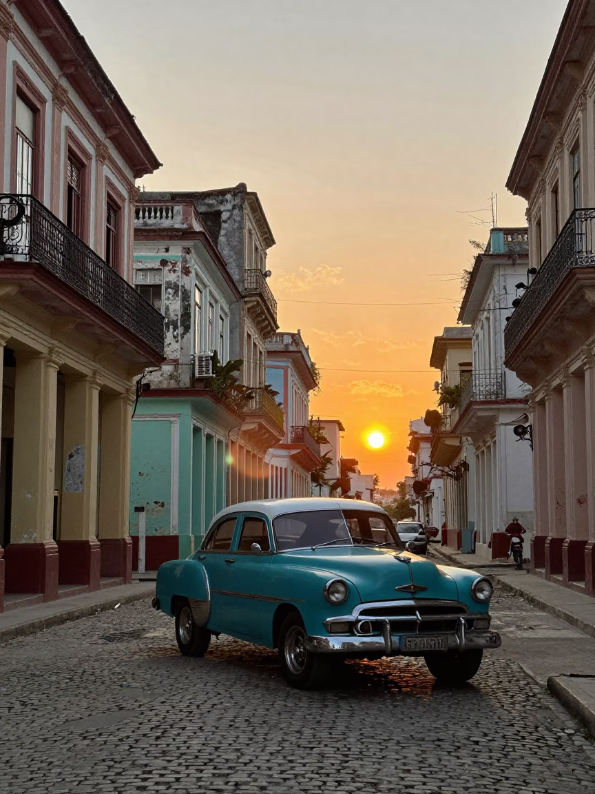 Golden Hour Street Scene in Havana Cuba with Vintage Car and Local Interaction in in Havana, Cuba