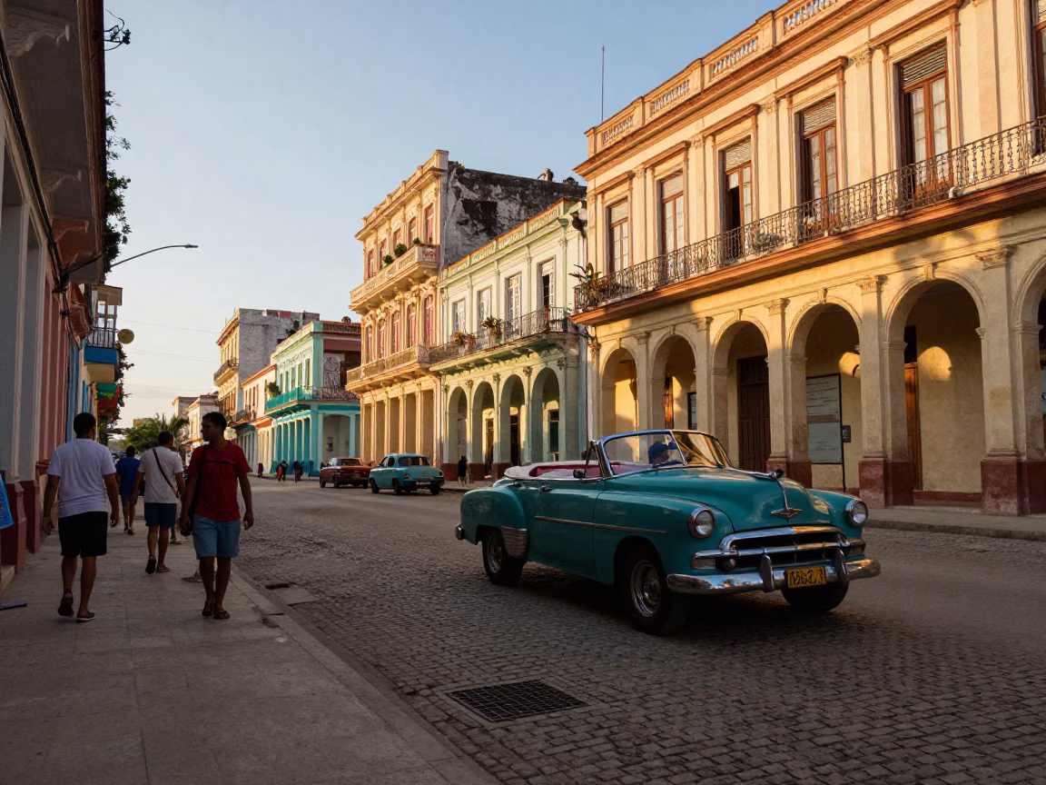 Golden Hour Street Scene in Havana Cuba with Vintage Cars and Local Life in in Havana, Cuba