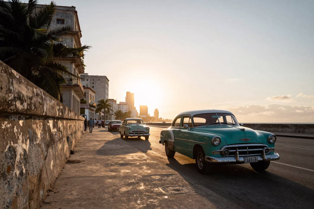 Golden Hour Street Scene in Havana Cuba with Vintage Cars and Tropical Frangipani Bloom in in Havana, Cuba