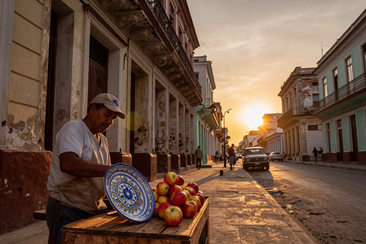 Golden Hour Street Scene in Havana Cuba with Vintage Majolica Plate and Apples in in Havana, Cuba
