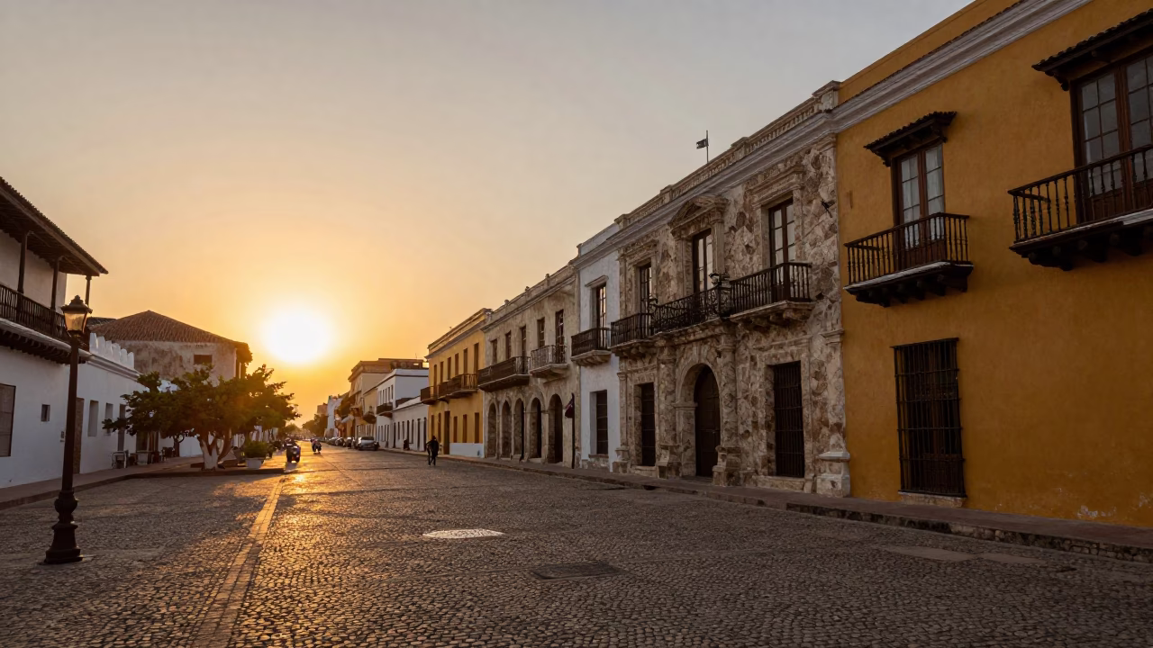 Golden Hour Street Scene in Historic Cartagena Colombia with Colonial Balconies in in Cartagena, Colombia