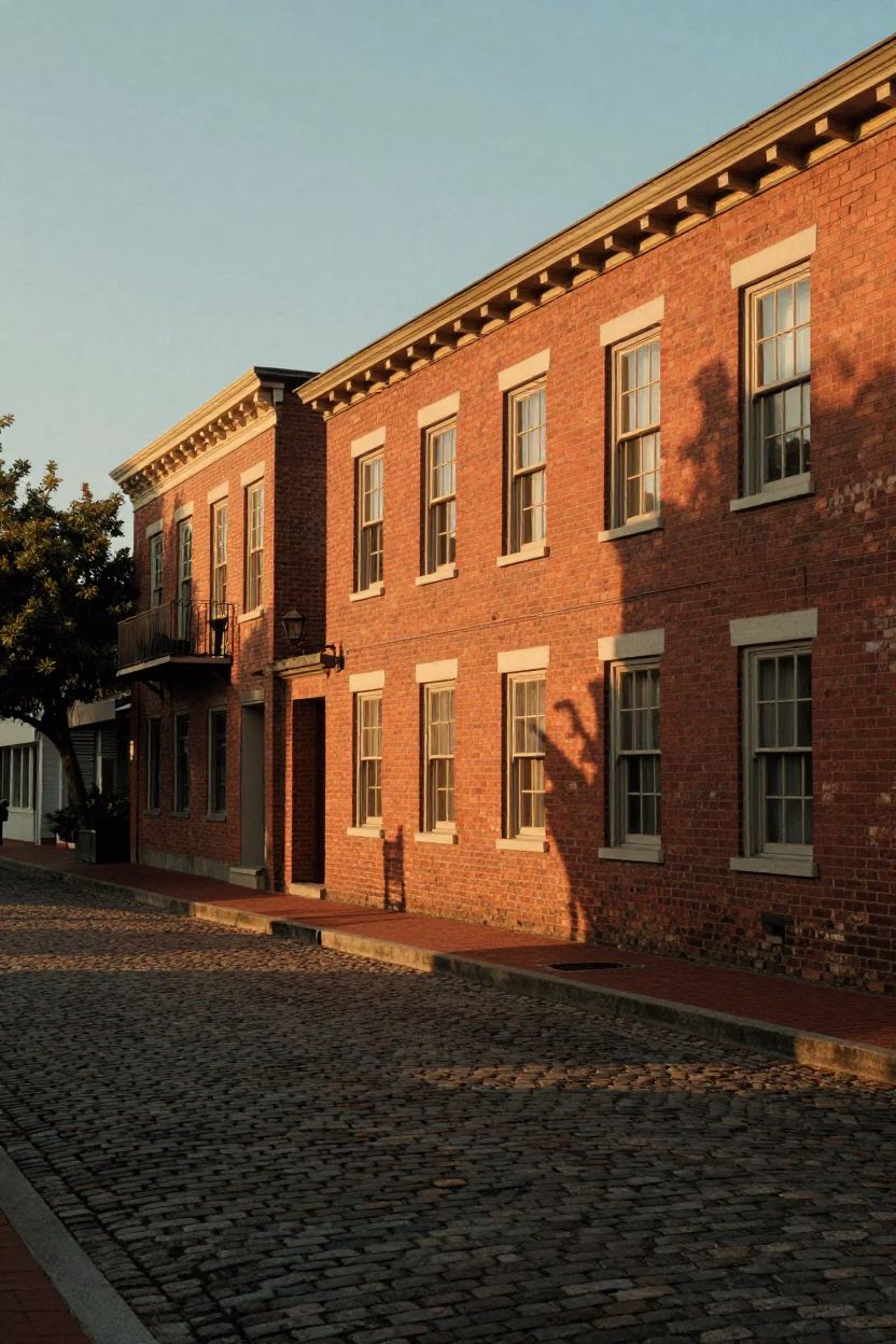 Golden Hour Street Scene in Historic Charleston South Carolina with Brick Architecture in in Charleston, South Carolina, United States