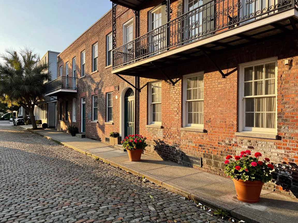 Golden Hour Street Scene in Historic Charleston with Potted Geraniums on Balcony in in Charleston, South Carolina, United States