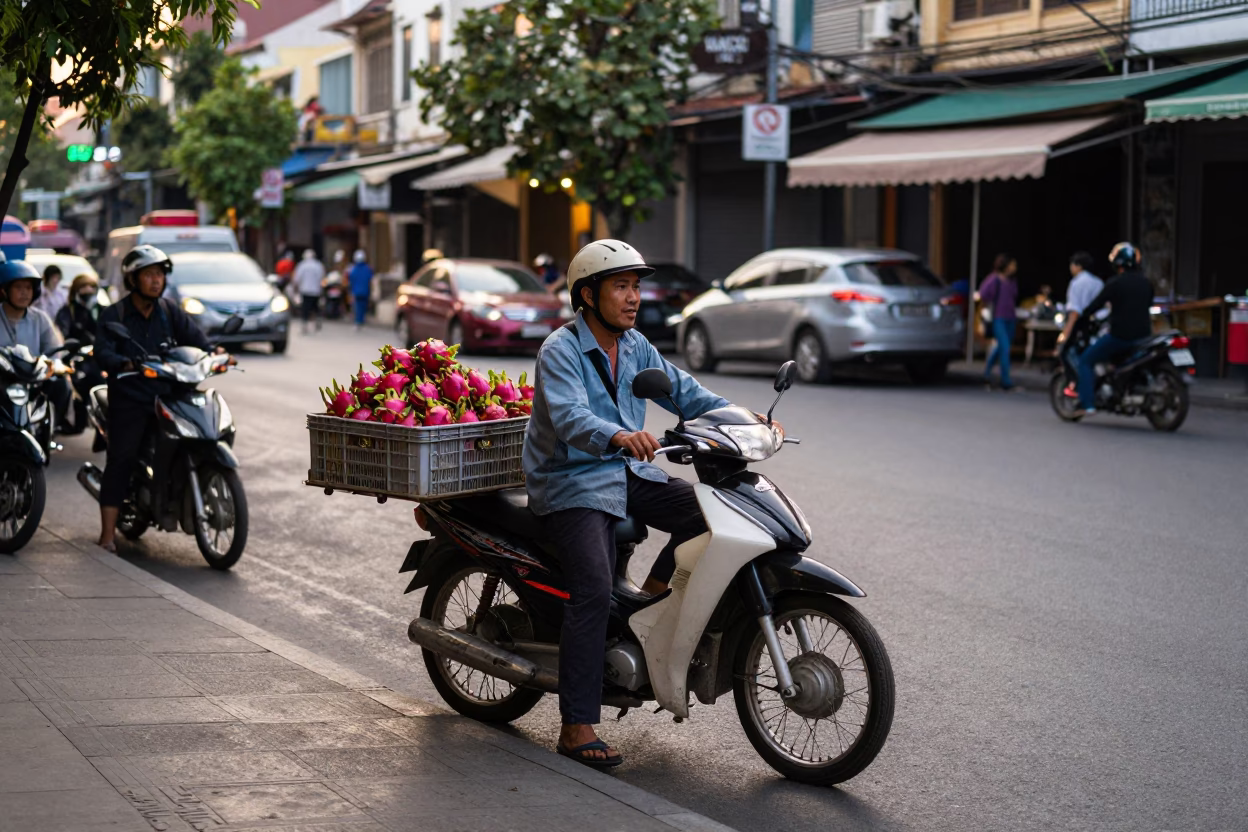 Golden Hour Street Scene in Ho Chi Minh City Vietnam with Dragon Fruit Vendor in in Ho Chi Minh City, Vietnam