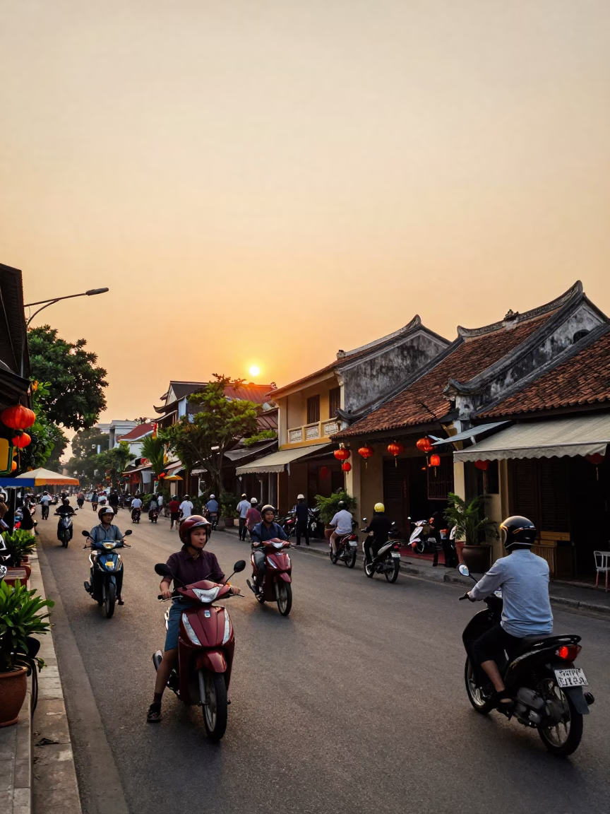 Golden Hour Street Scene in Ho Chi Minh City Vietnam with Motorbikes and Lanterns in in Ho Chi Minh City, Vietnam