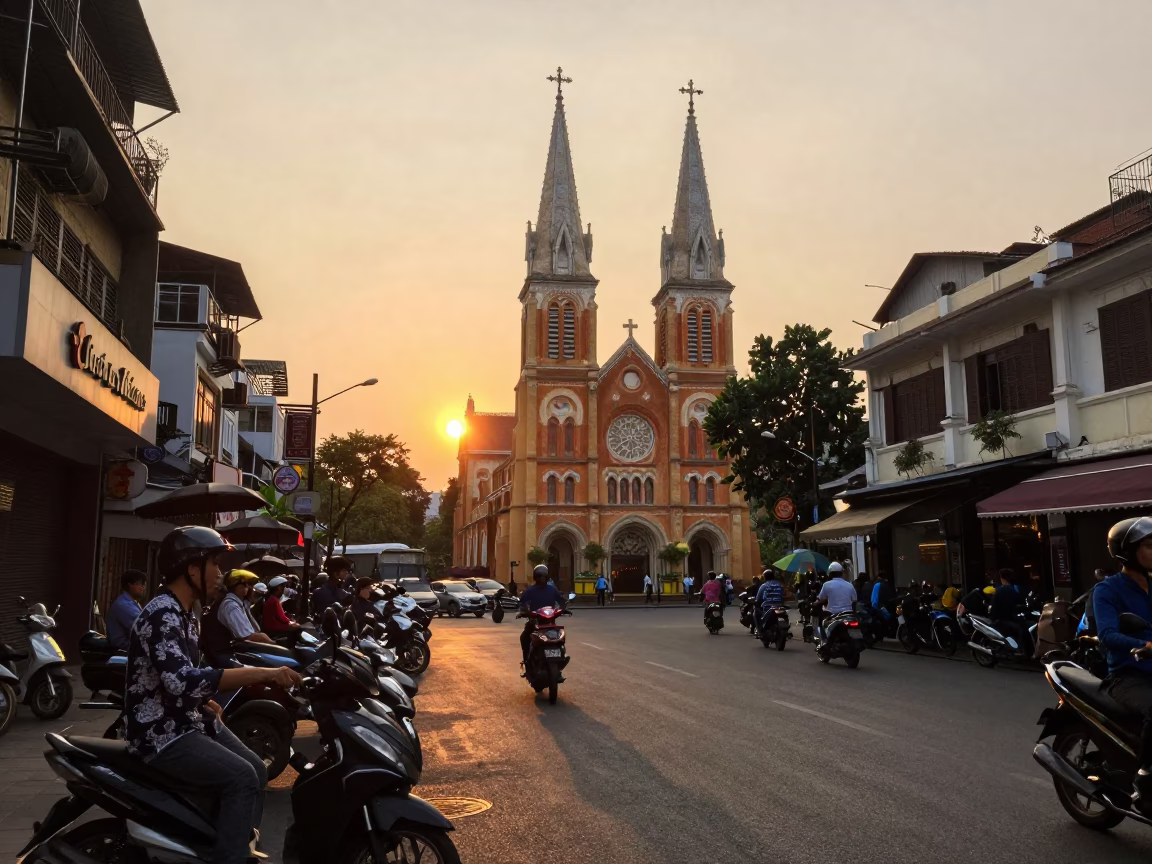 Golden Hour Street Scene in Ho Chi Minh City Vietnam with Motorbikes and Sunset in in Ho Chi Minh City, Vietnam