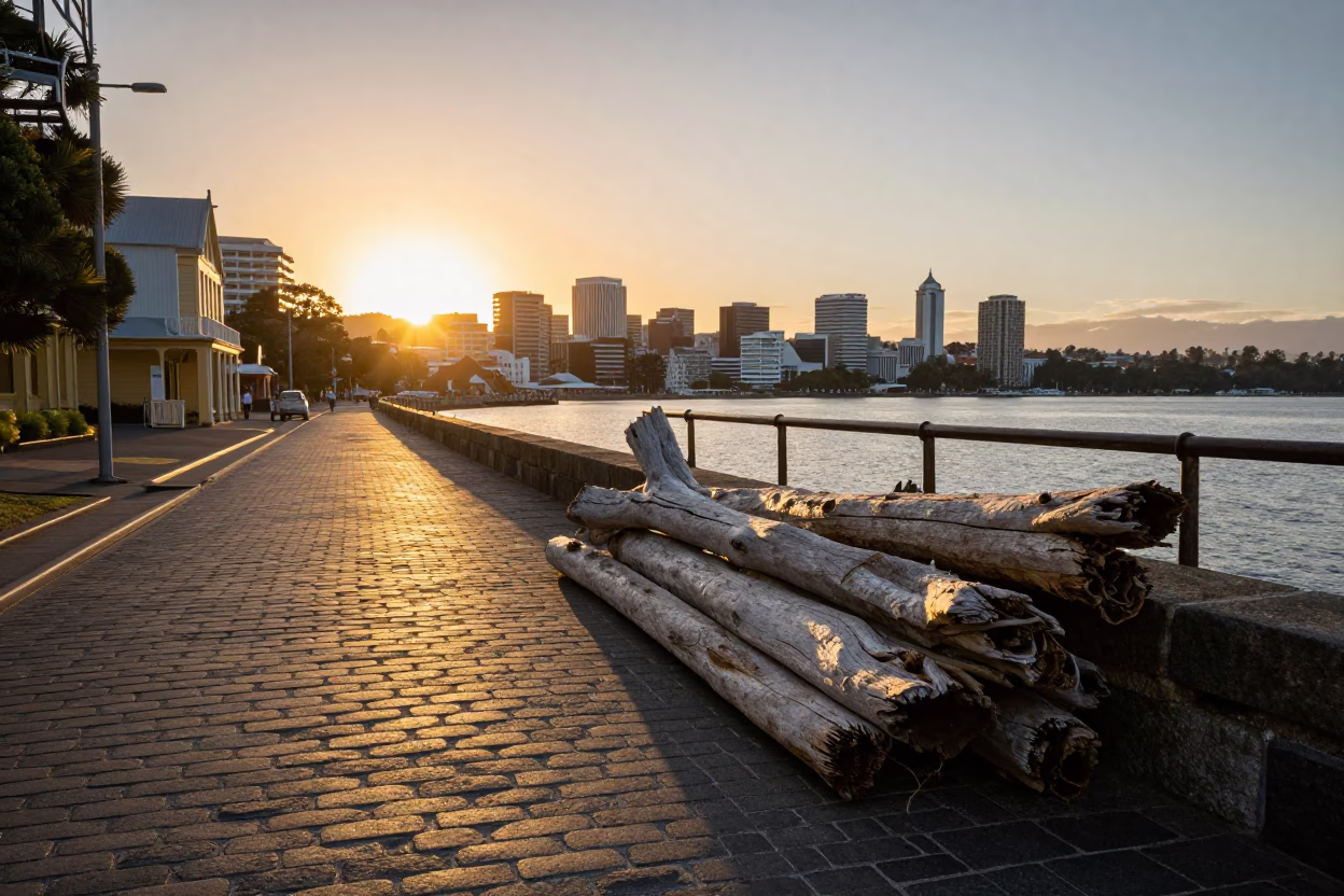 Golden Hour Street Scene in Hobart Tasmania Australia with Driftwood and Metal Stools in in Hobart, Tasmania, Australia