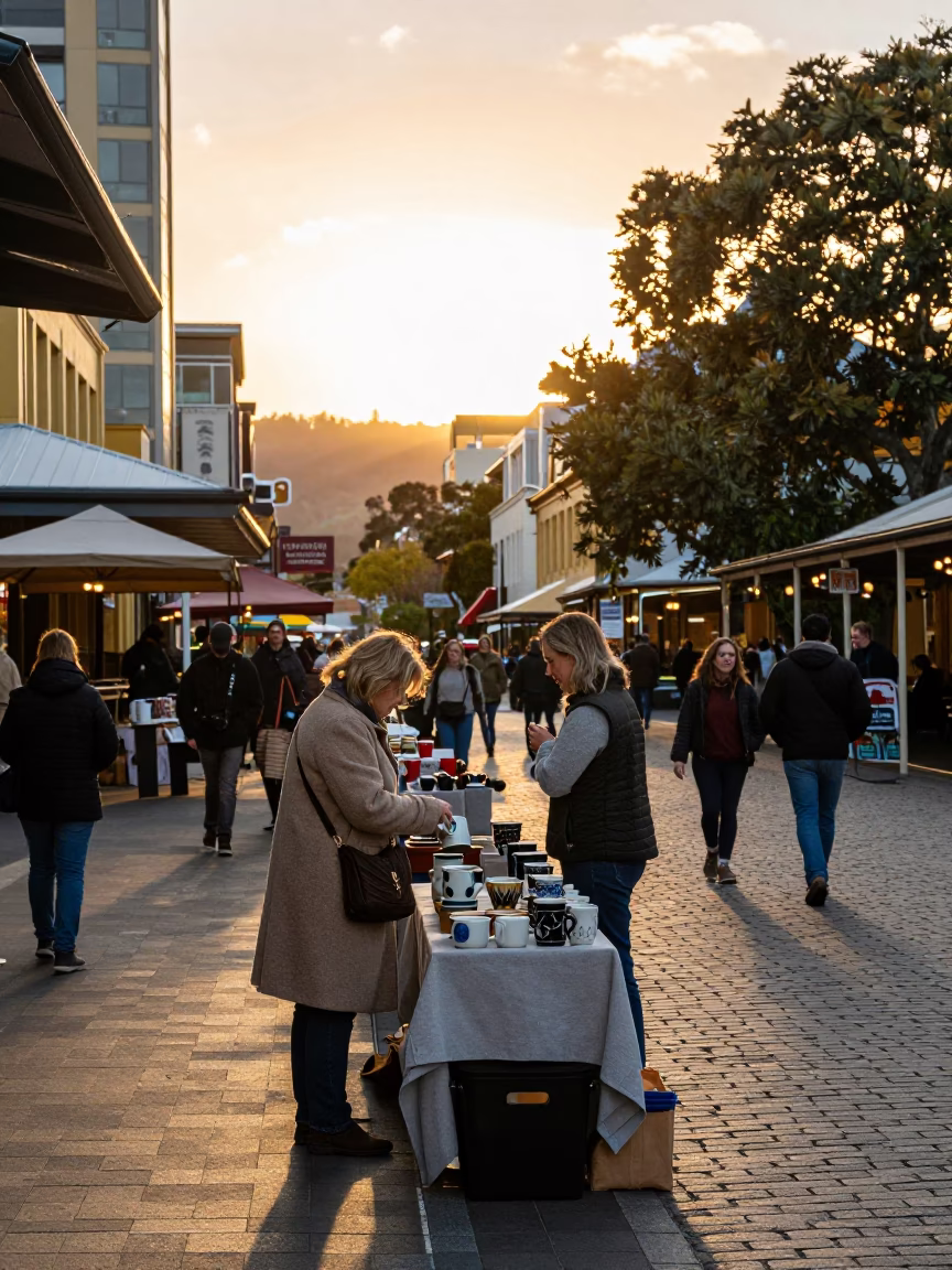 Golden Hour Street Scene in Hobart Tasmania Australia with Local Market Activity in in Hobart, Tasmania, Australia
