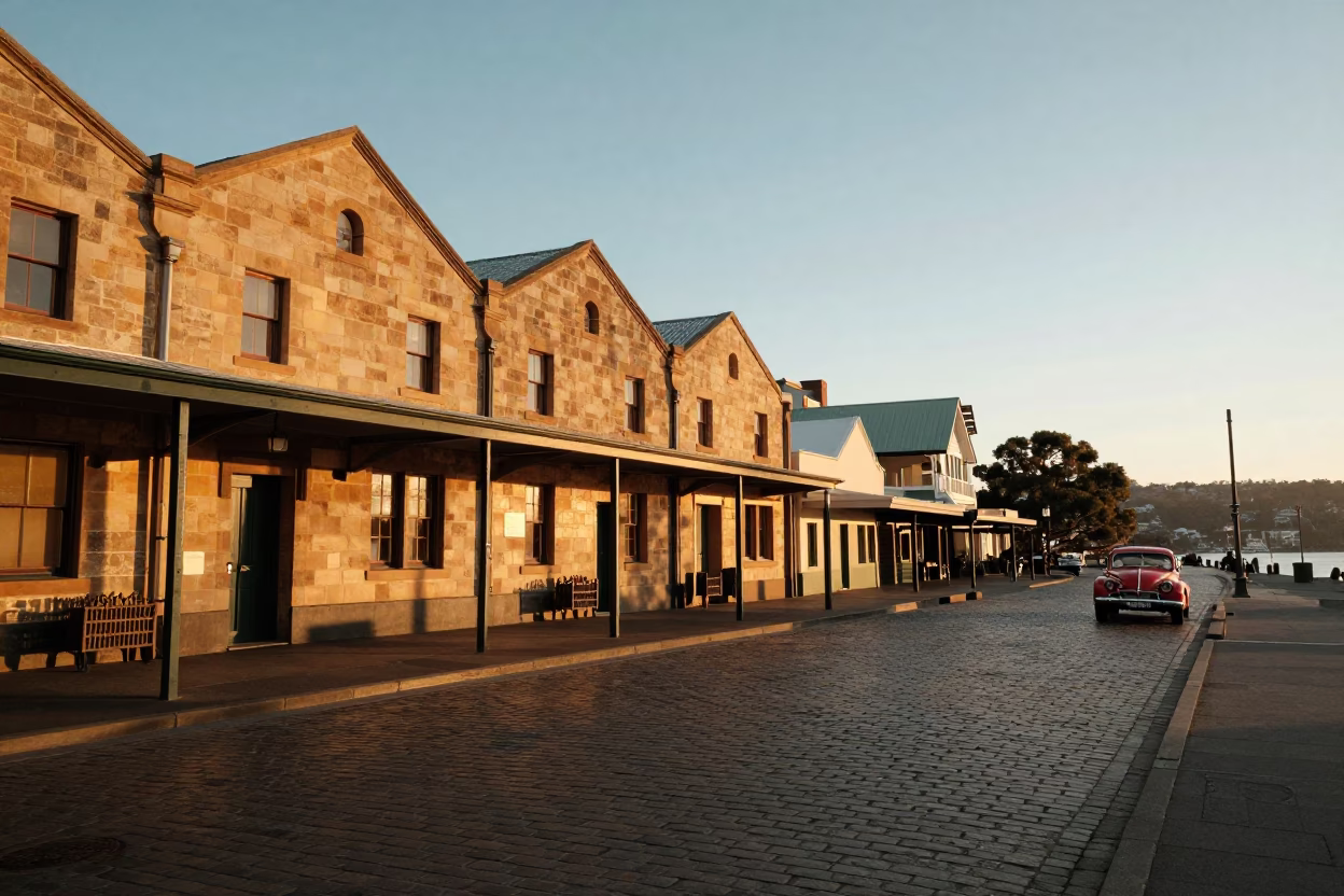Golden Hour Street Scene in Hobart Tasmania Australia with Vintage 1970s Atmosphere in in Hobart, Tasmania, Australia