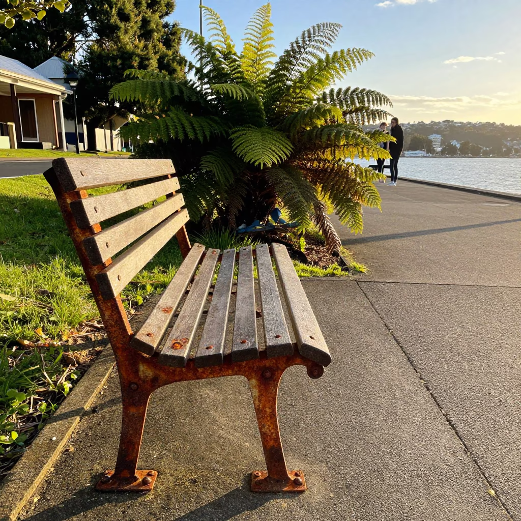 Golden Hour Street Scene in Hobart Tasmania Rusty Bench and Ferns in in Hobart, Tasmania, Australia
