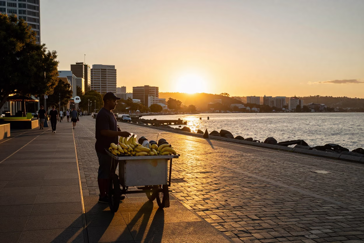 Golden Hour Street Scene in Hobart Tasmania with Bananas and Local Life in in Hobart, Tasmania, Australia