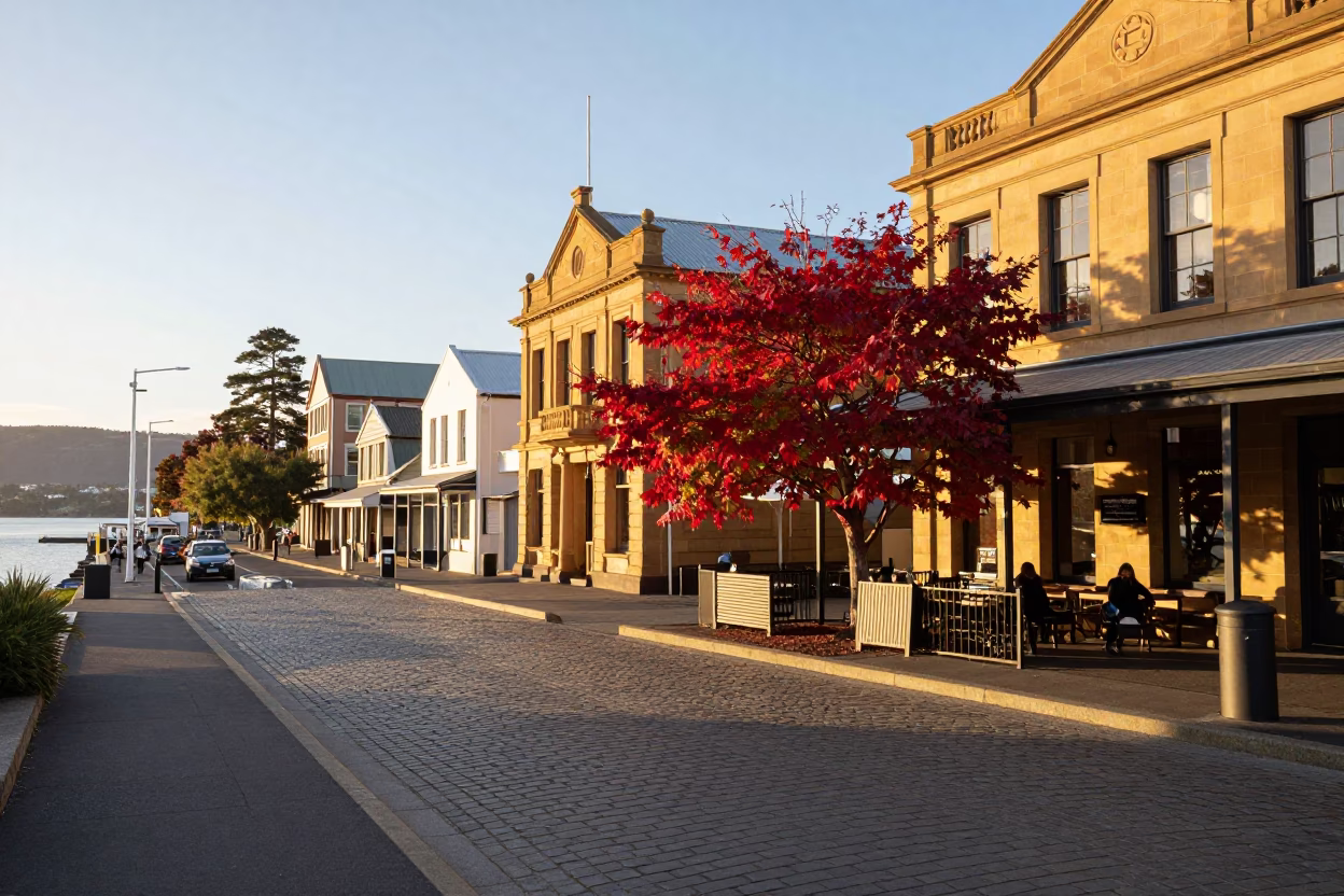 Golden Hour Street Scene in Hobart Tasmania with Japanese Maple and Harborside Activity in in Hobart, Tasmania, Australia