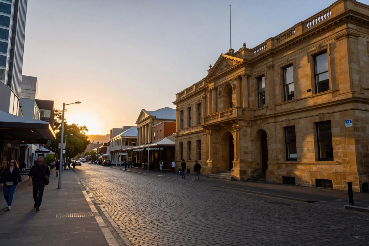 Golden hour street scene in Hobart Tasmania with locals and urban details in in Hobart, Tasmania, Australia