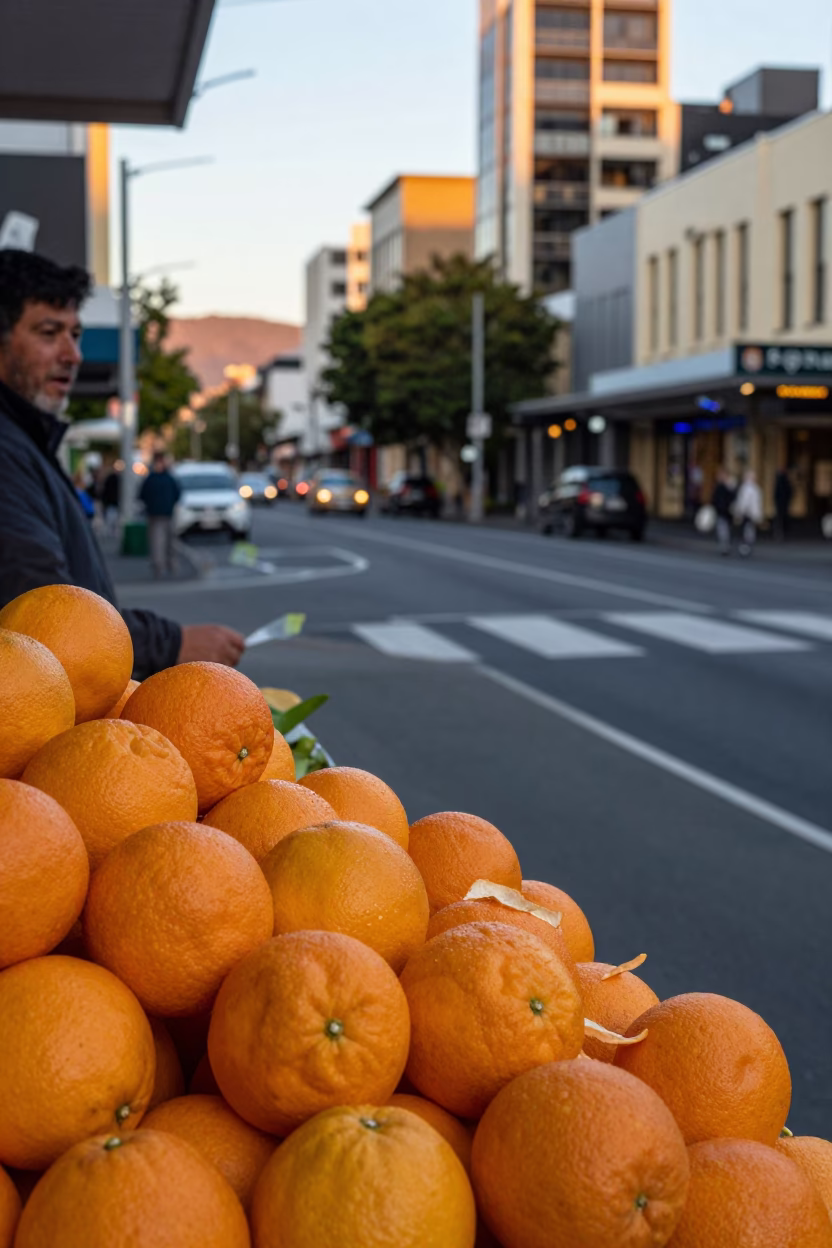 Golden Hour Street Scene in Hobart Tasmania with Oranges and Citrus Peel in in Hobart, Tasmania, Australia