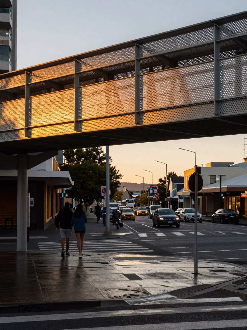 Golden Hour Street Scene in Hobart Tasmania with Perforated Metal Overpass in in Hobart, Tasmania, Australia