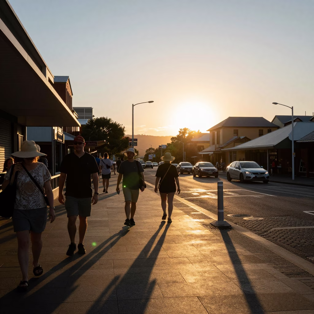 Golden Hour Street Scene in Hobart Tasmania with Sun Hats and Clear Glass Windows in in Hobart, Tasmania, Australia