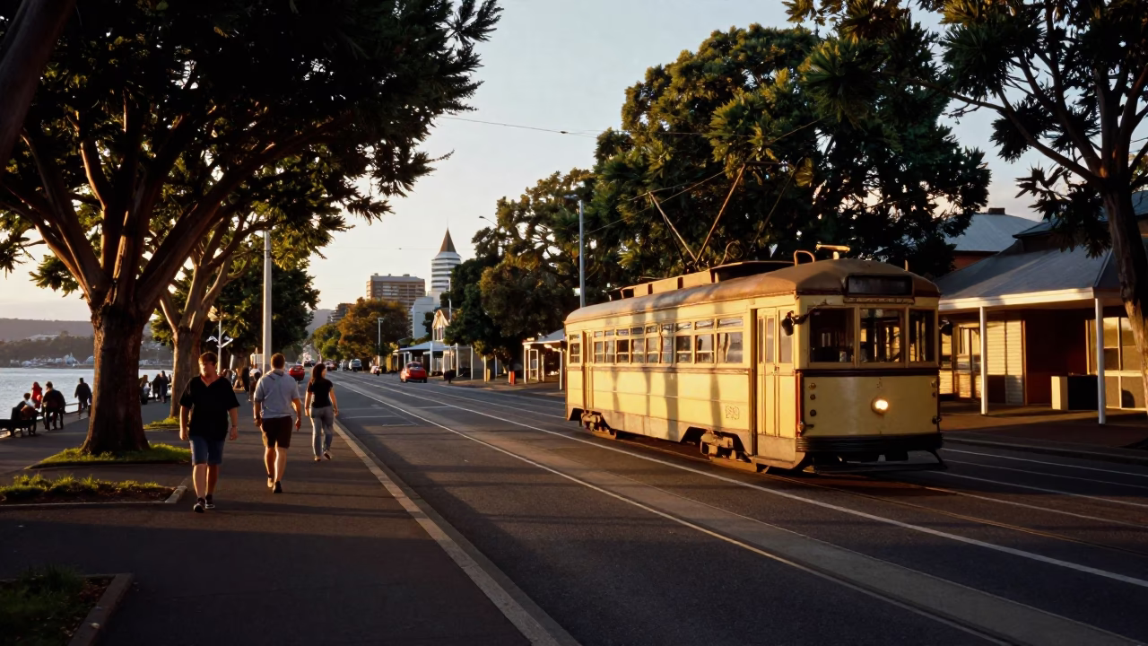 Golden Hour Street Scene in Hobart Tasmania with Tram and Suburban Life in in Hobart, Tasmania, Australia