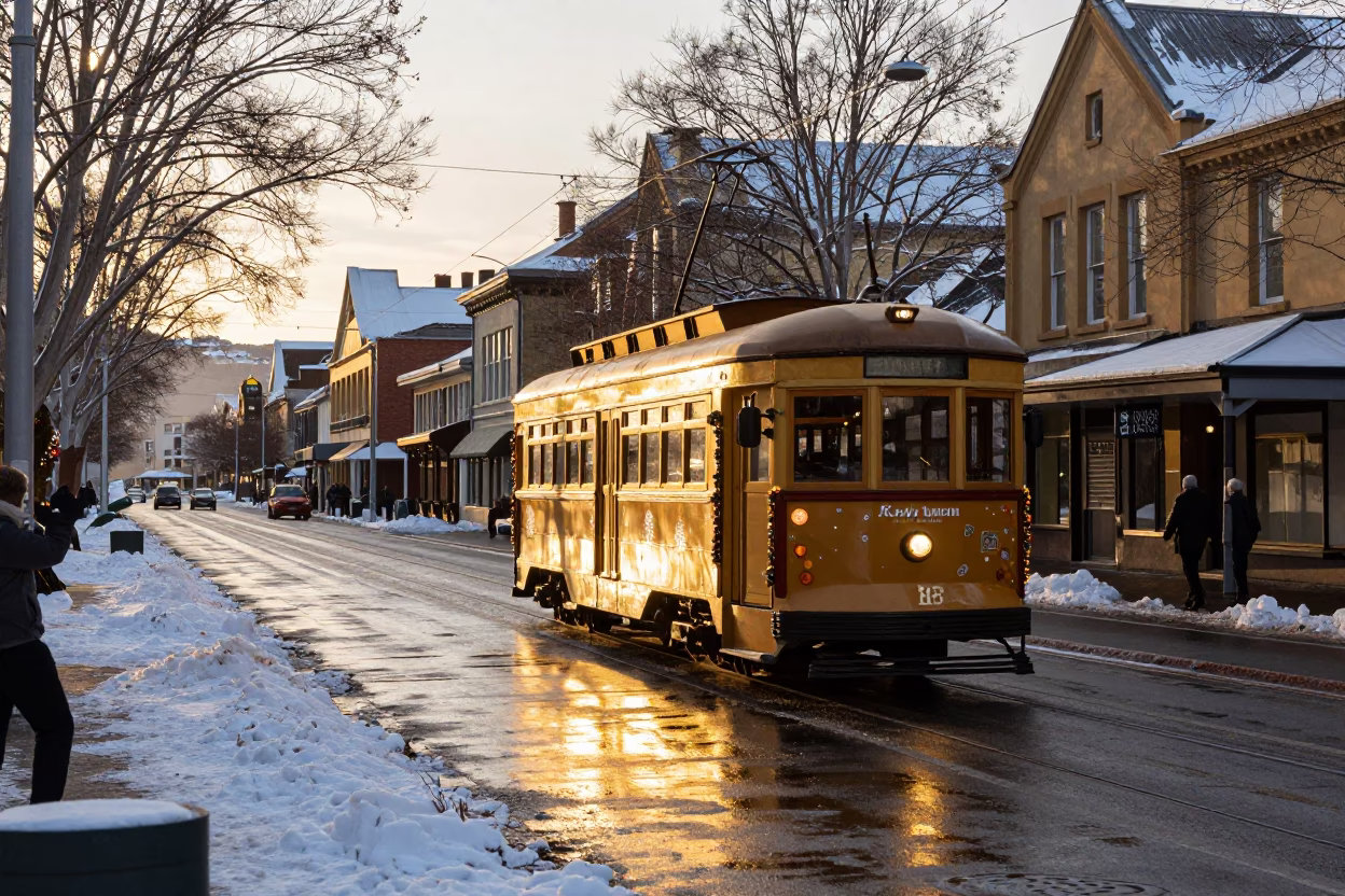 Golden Hour Street Scene in Hobart Tasmania with Tram and Winter Atmosphere in in Hobart, Tasmania, Australia