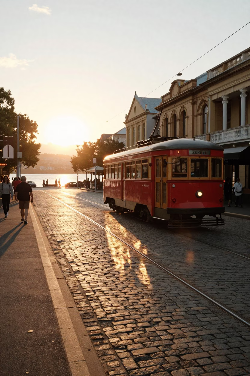 Golden Hour Street Scene in Hobart Tasmania with Tram Reflections on Cobblestones in in Hobart, Tasmania, Australia